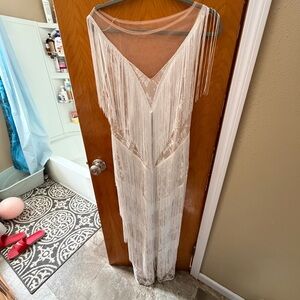 Elegant White Fringe Maxi Dress with Sheer Lace Overlay